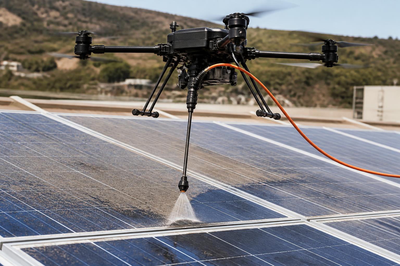 Reinigungsdrohne im Einsatz über Solarmodulen einer großen Dachanlage